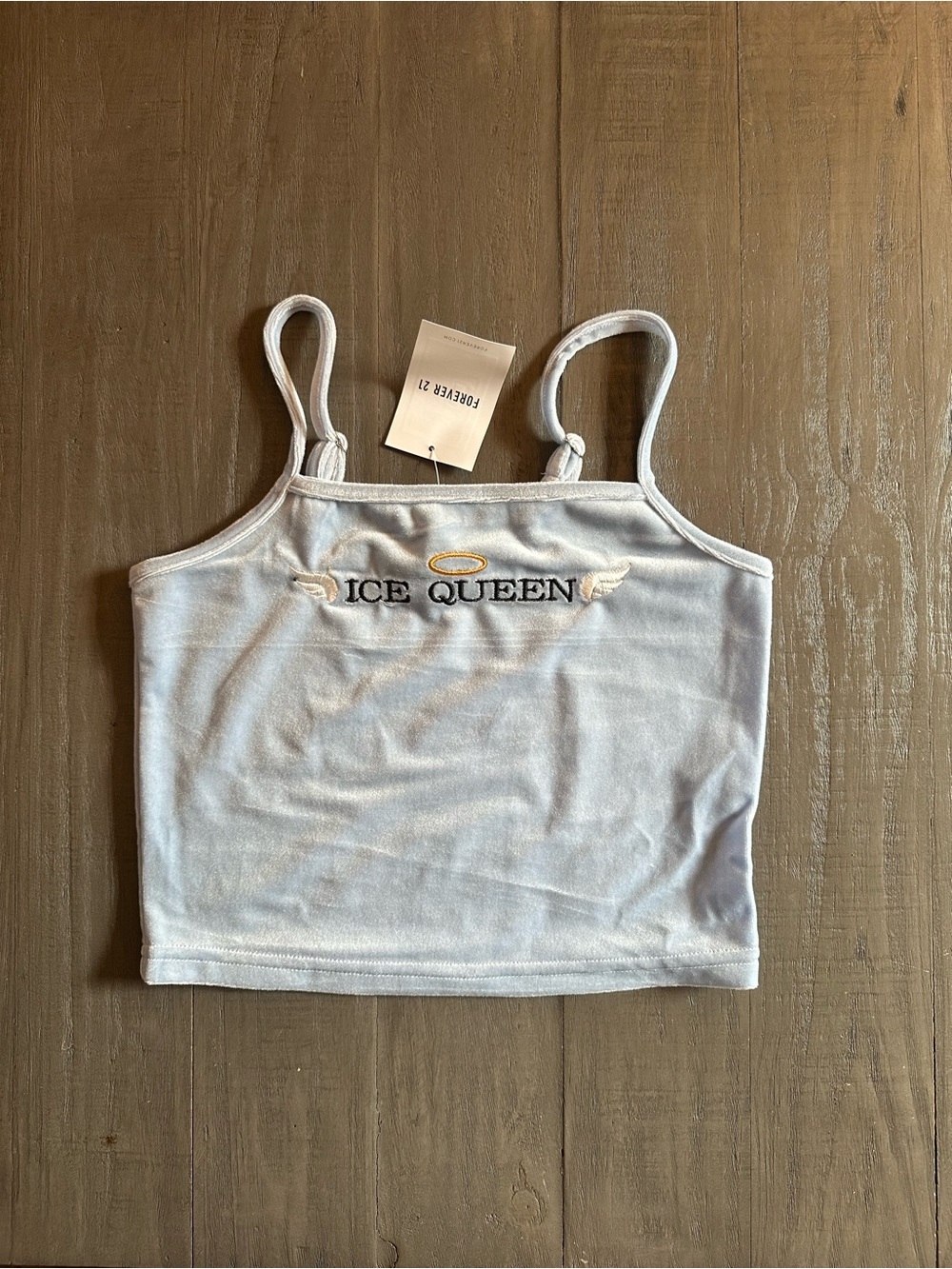 Forever 21 Pale Blue "Ice Queen" Embroidered Crop Camisole